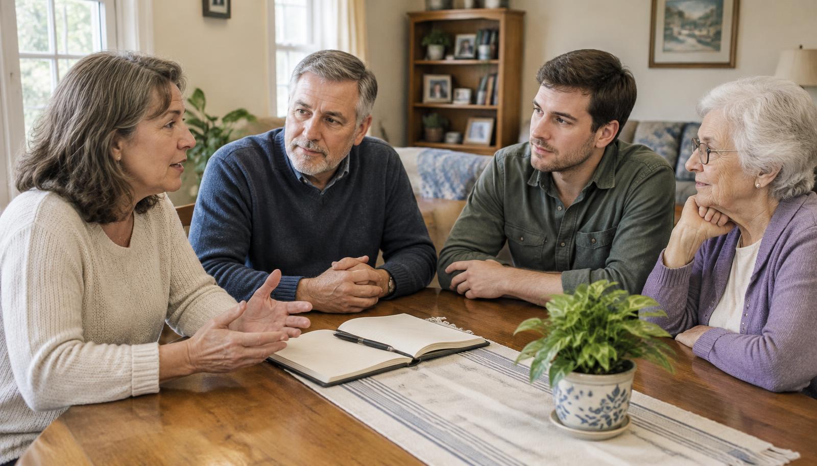 A mother, father, adult son and grandmother calmly discussing a shared family plan around a table with an open notebook