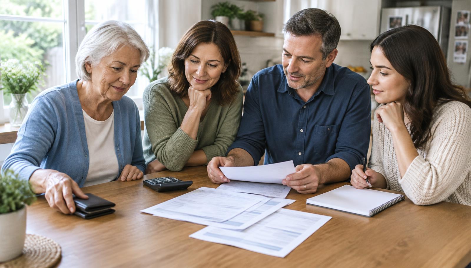 Grandparents, parents and an adult daughter reviewing bills and writing a shared family money plan at the kitchen table