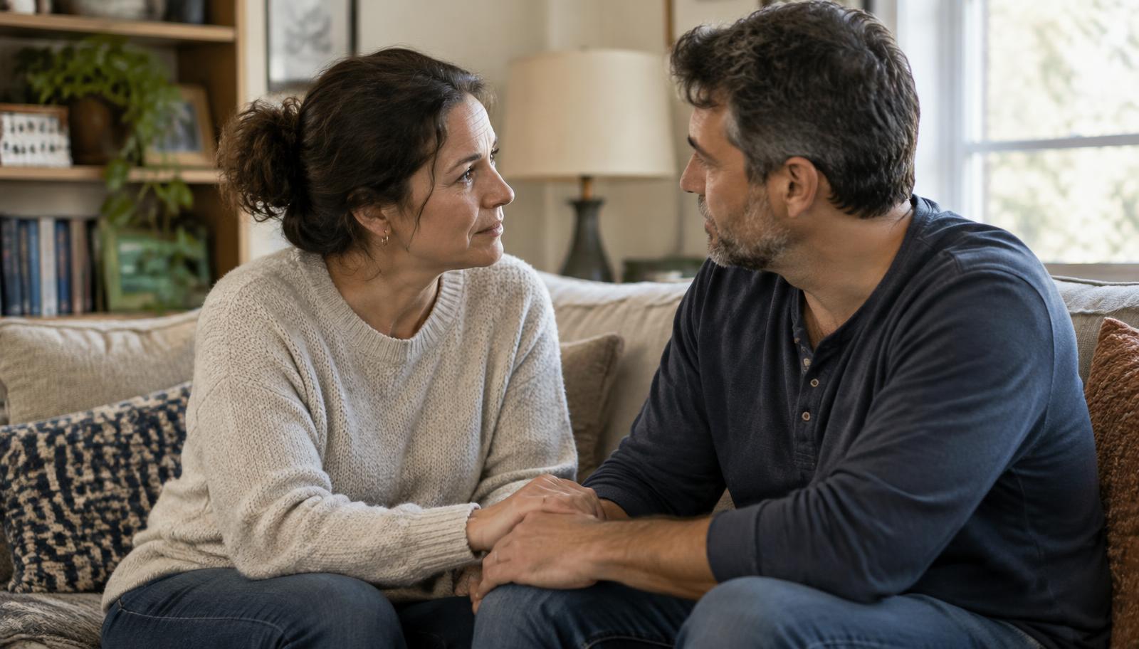 Two parents talking calmly on the couch to get on the same page